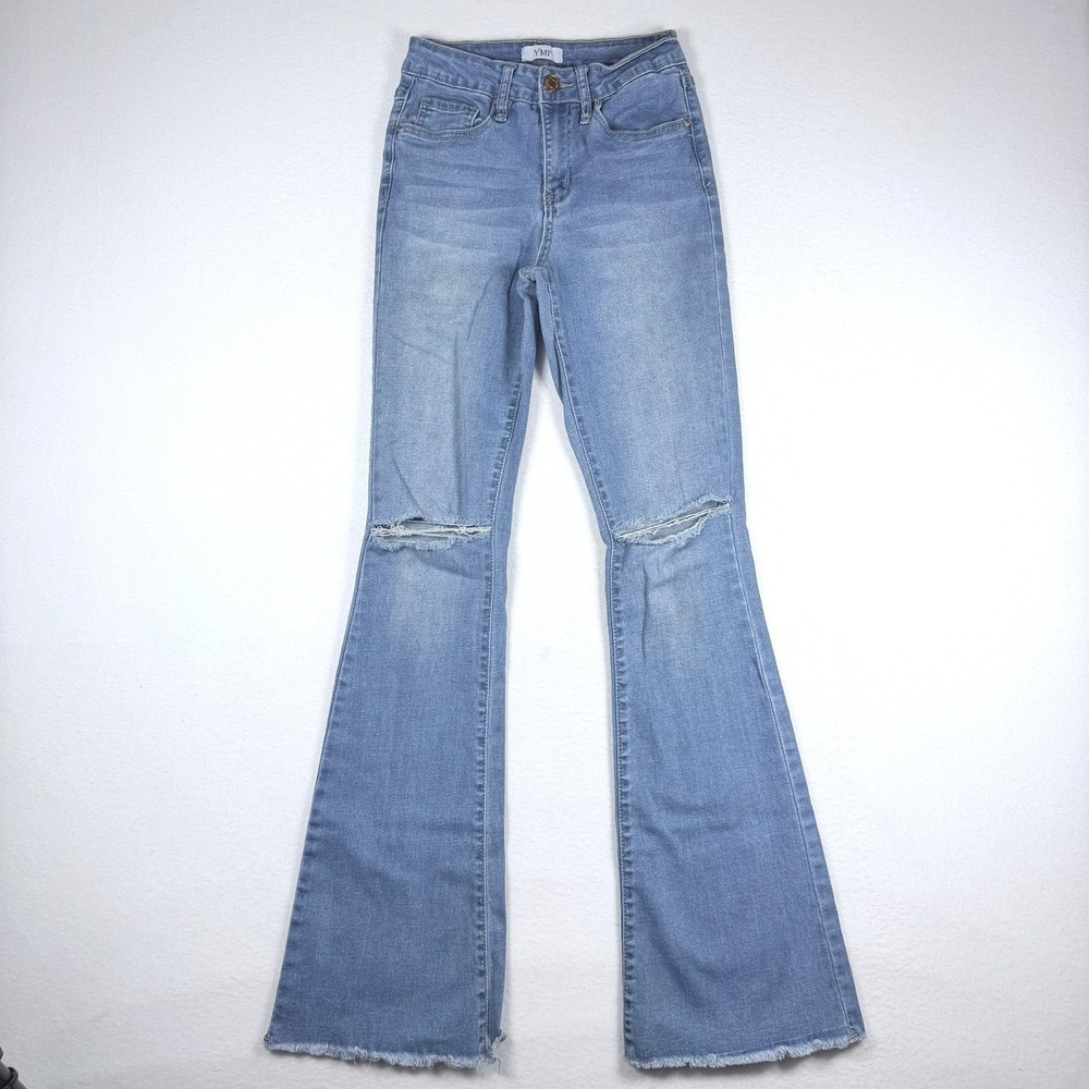 YMI Womens High Rise Flare Jeans‎ Light Wash Ripped Knee Frayed Blue Size 1/24